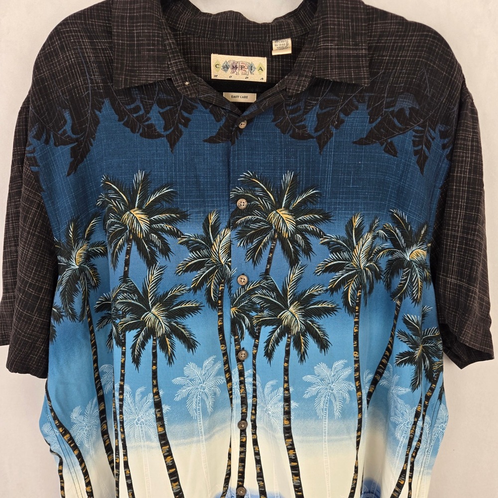 Campia Moda Mens XL‎ Blue Tropical Palm Tree Rayon Hawaiian Button Down Shirt